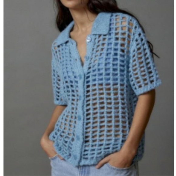 Urban Outfitters UO BDG blue Osaka Open Knit button down Polo Sweater size XS - Picture 4 of 17